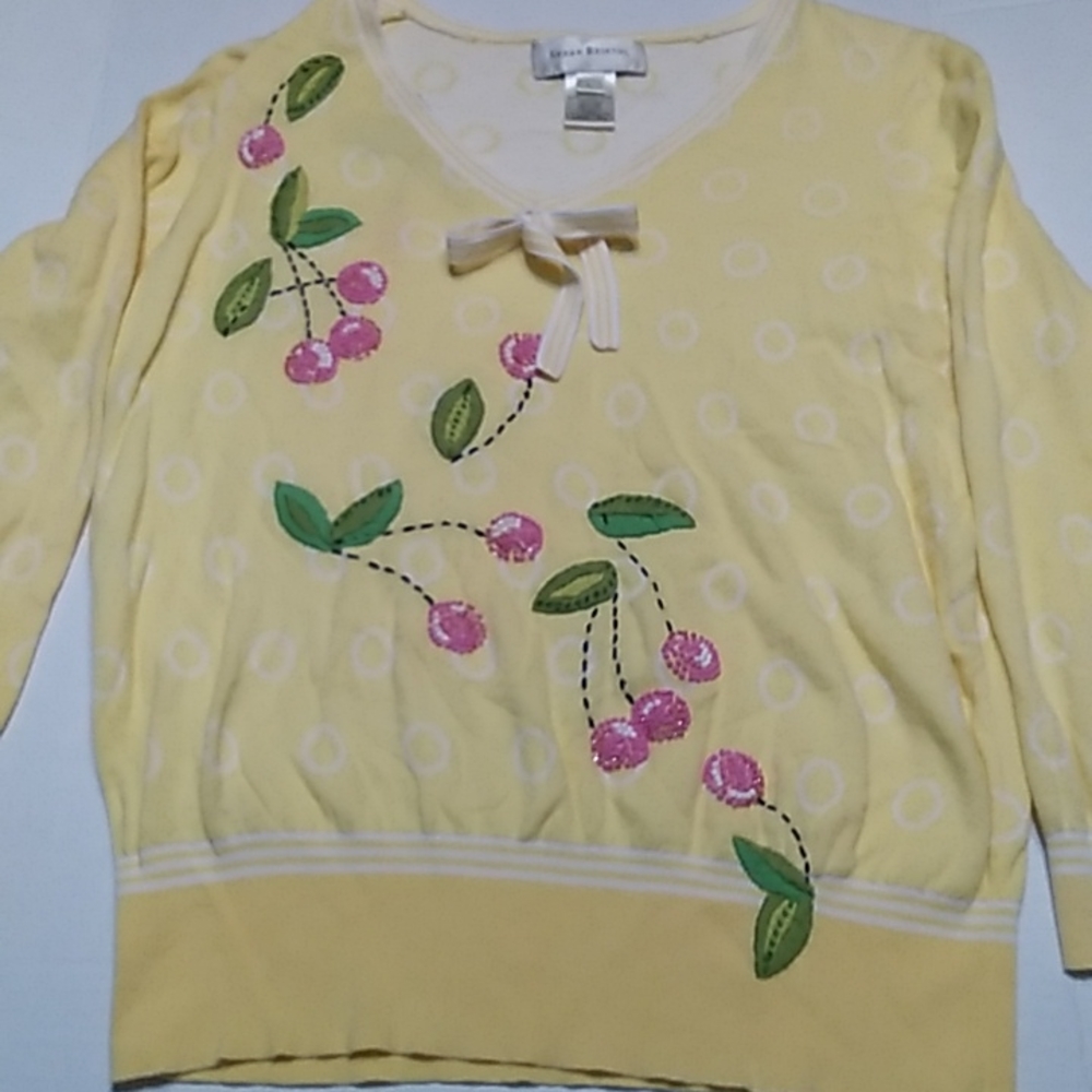 Susan Bristol yellow sweater, cherries, spring embroidery